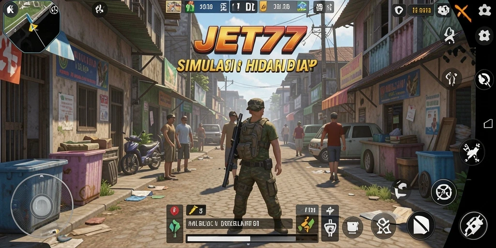 Screenshot utama JET77 menunjukkan momen seru dalam gameplay Simulation.